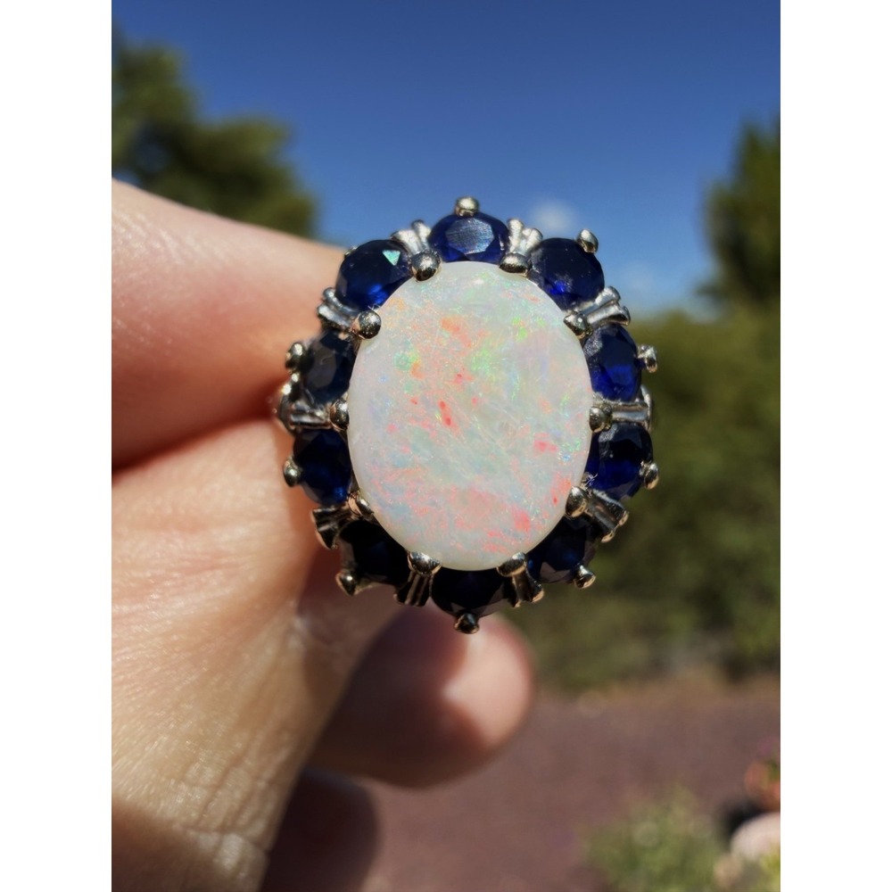 Vintage 14k Solid White Gold Natural White Opal Blue Sapphire Ring - Size 3.5